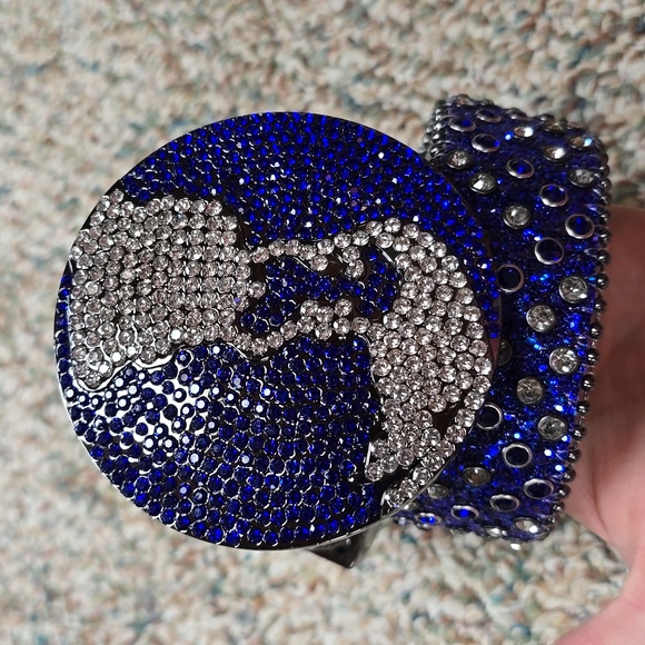 Western Rhinestone Globe Belt Blue Silver Sparkly New Medium 46" - Picture 1 of 5